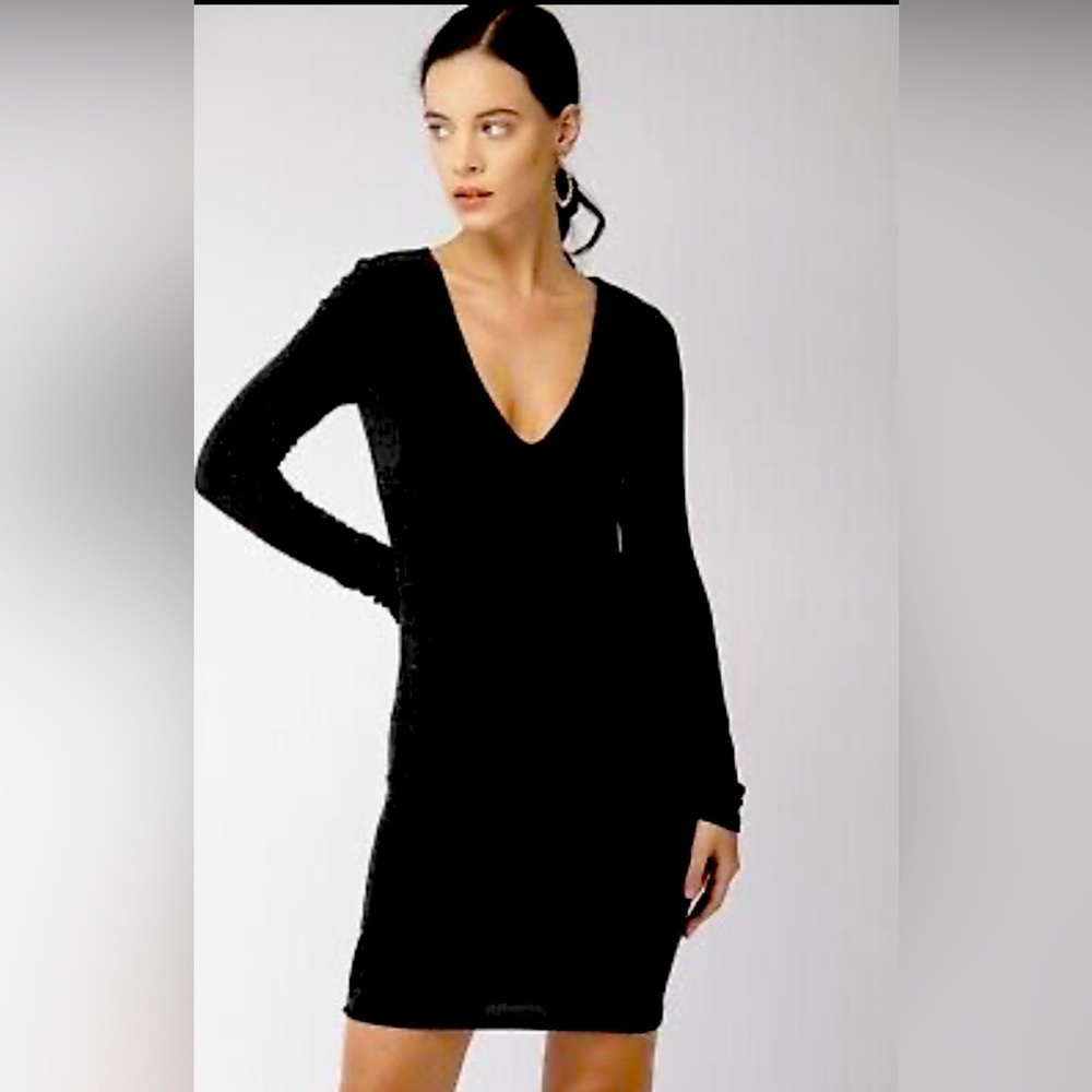 Forever 21 Black Shimmery Bodycon Dress V-Neck Long Sleeve - Size M
